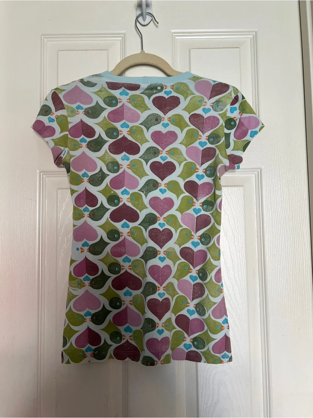 Allover Heart & Bird Graphic Tee in Pink, Green, Teal - Picture 2 of 2